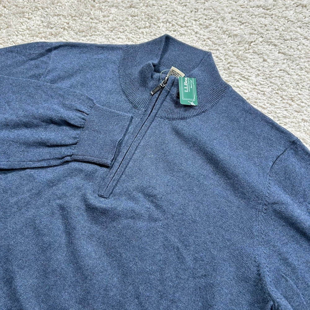 L.L. Bean Quarter Zip Sweater Large Vintage Indigo Cotton Cashmere 1/4 Zip New